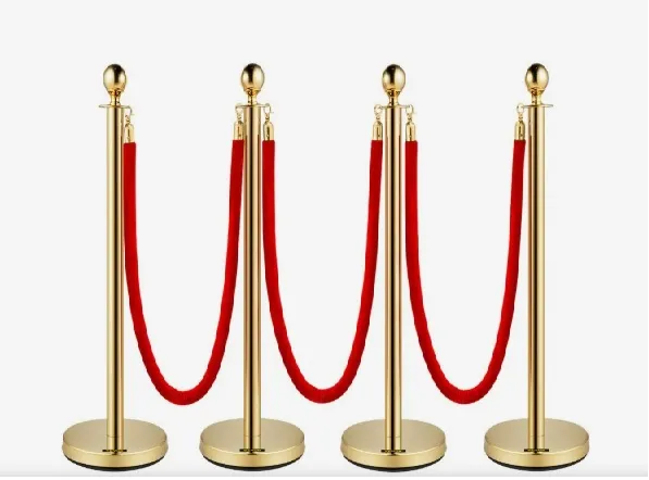 Poste Separador de Cinta Extensible 4 Juegos Barreras de Seguridad de 3 Cuerdas Longitud de Cuerda 1.5m Dorado Poste Separador Poste con Cinta Extensible